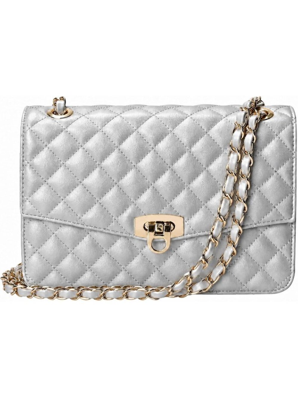 Women’s Silver Quilted Clutch Purse Small Crossbody Bag Gold Chain Wallet